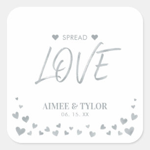 Silver Hearts Spread the Love Wedding Favour Square Sticker