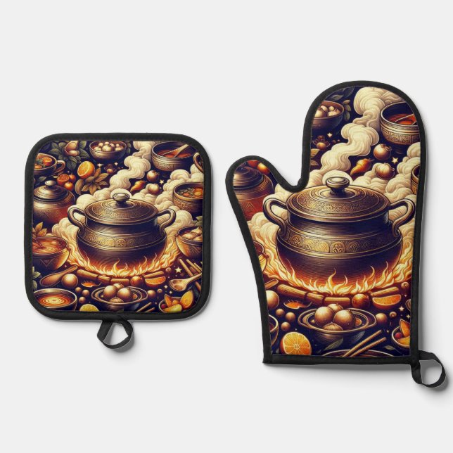  Silver Heat Resistant Oven Mitt with Red Heart De & Pot Holder Set (Front)