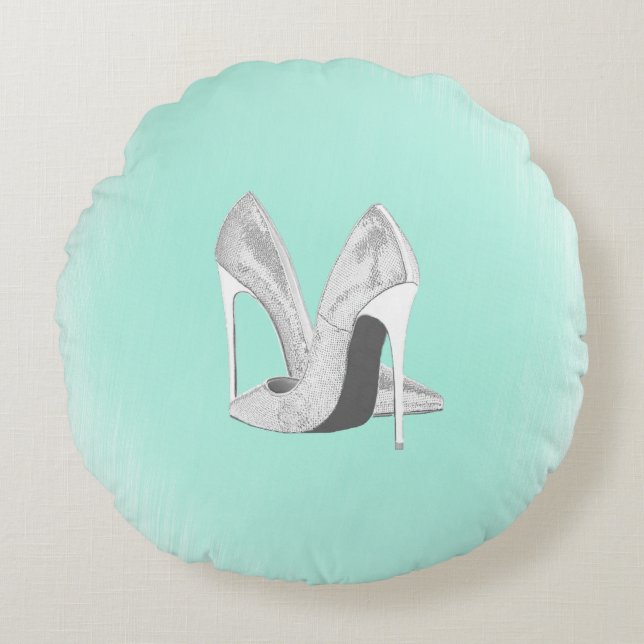 Silver Heels on Mint Round Cushion (Front)