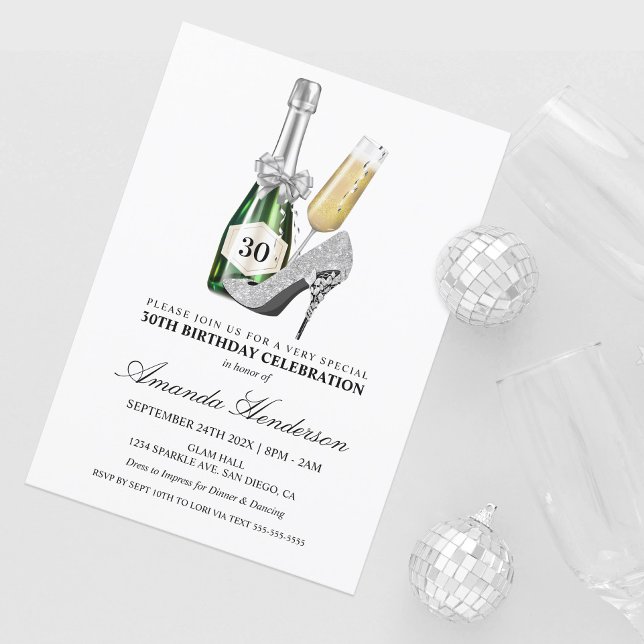 Silver High Heels and Champagne Women's Birthday Invitation (Creator Uploaded)