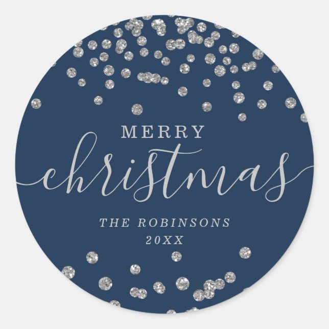 Silver Holiday Christmas Glitter Confetti Navy Classic Round Sticker (Front)