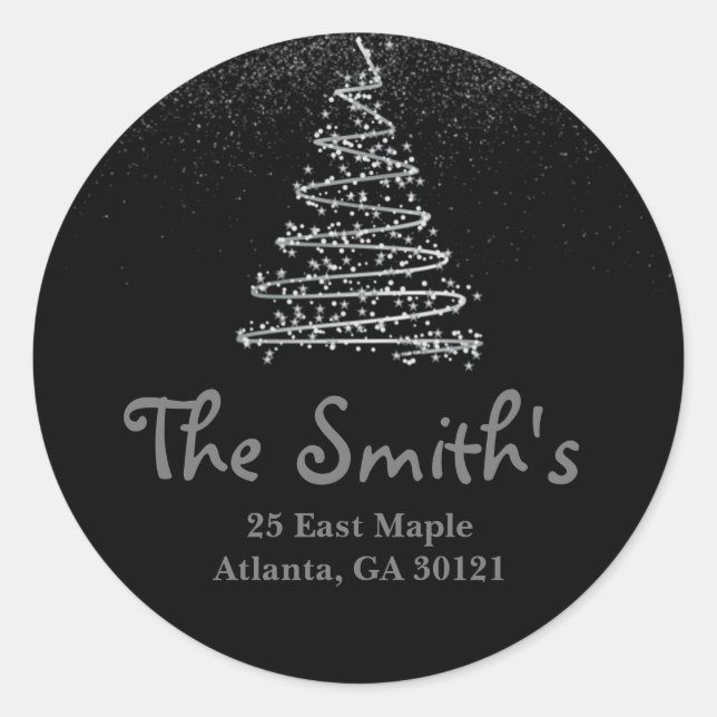 Silver Holiday/Christmas Tree Return Address Classic Round Sticker (Front)