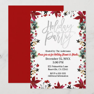 Silver Holiday Party Poinsettia Floral Christmas Invitation