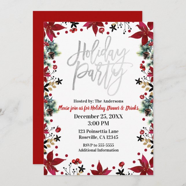 Silver Holiday Party Poinsettia Floral Christmas Invitation (Front/Back)