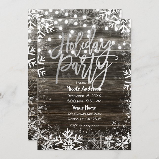 Silver Holiday Party Wood & Winter Snowflakes Wood Invitation (Front/Back)