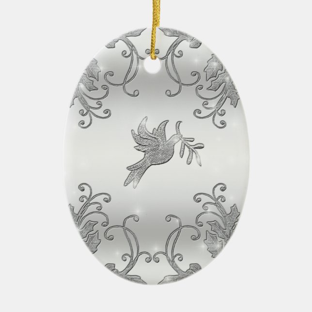 Silver Holly and Dove Ceramic Ornament (Front)