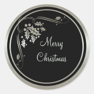 Silver Holly and Swirls on Black Christmas Classic Round Sticker