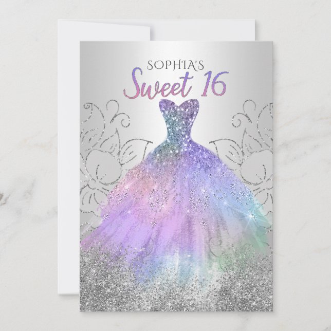 Silver Hologram Glitter  Dress Sweet 16 birthday Invitation (Front)