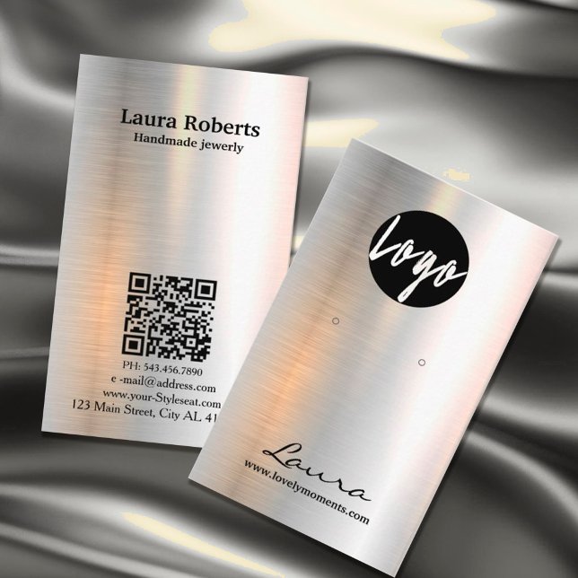 Silver Holographic Brushed Metal Earring Display  Business Card (#Holographic #qrcode #QR #addlogo #holographic #metal #BrushedMetal #earringdisplay)