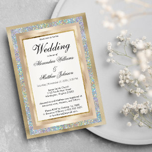 Silver holographic glitter champagne gold Wedding Invitation