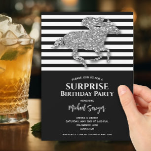 Silver Horse Black White Stripes Birthday Invitation