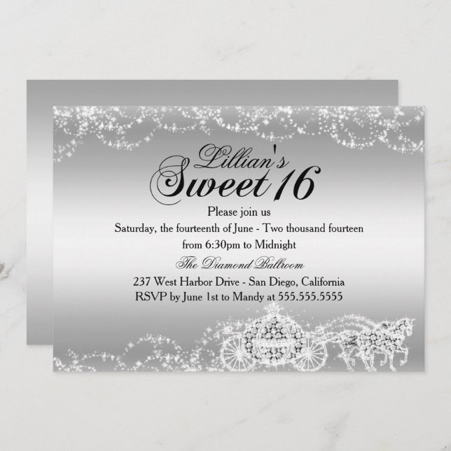 Silver Horse Carriage Princess Sweet 16 Invite (Front/Back)