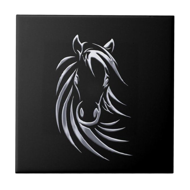 Silver Horse Head on Black Ceramic Tile (Front)