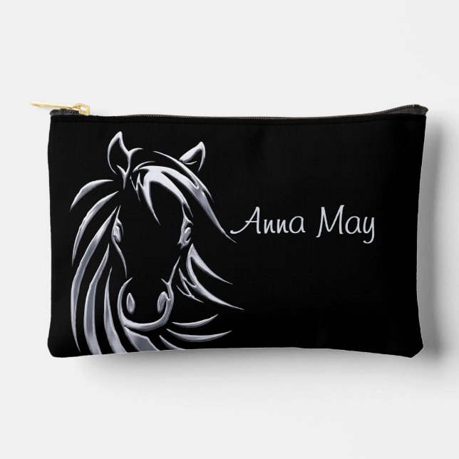 Silver Horse Head on Black Personalised Script Accessory Pouch (Front)