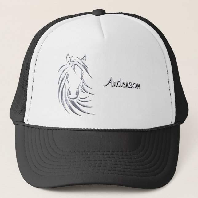Silver Horse Head on Black Personalised Script Trucker Hat (Front)