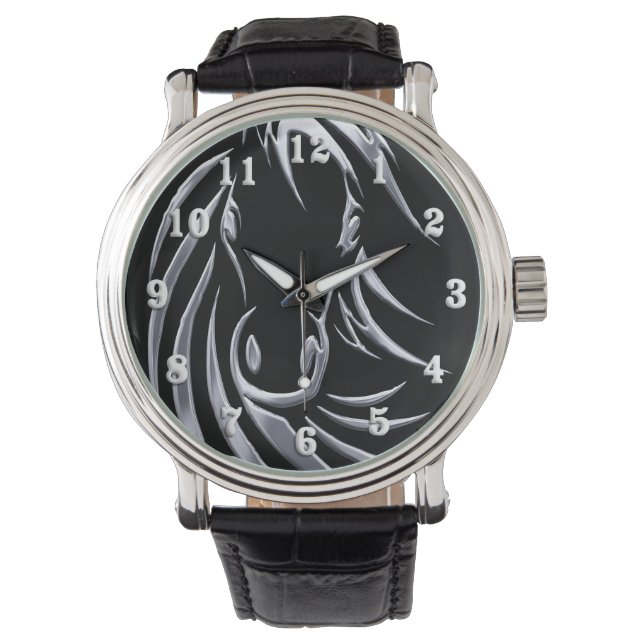 Silver Horse Head on Black Watch (Front)