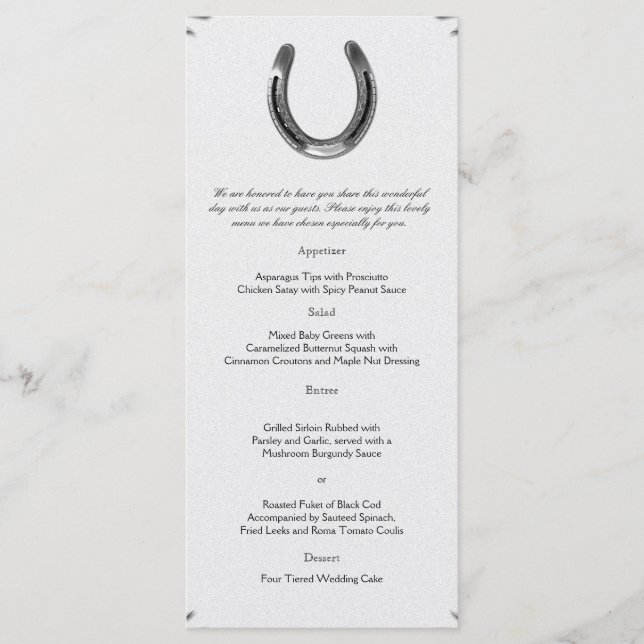 Silver Horseshoe on White Wedding Menu (Front)