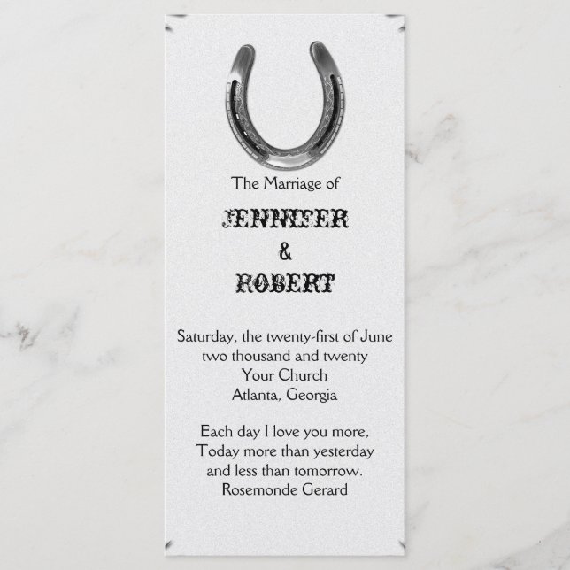 Silver Horseshoe on White Wedding Program (Front)