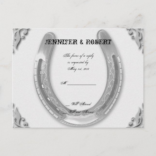 Silver Horseshoe on White Wedding RSVP Invitation Postcard (Front)