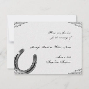 Silver Horseshoe on White Wedding Save the Date