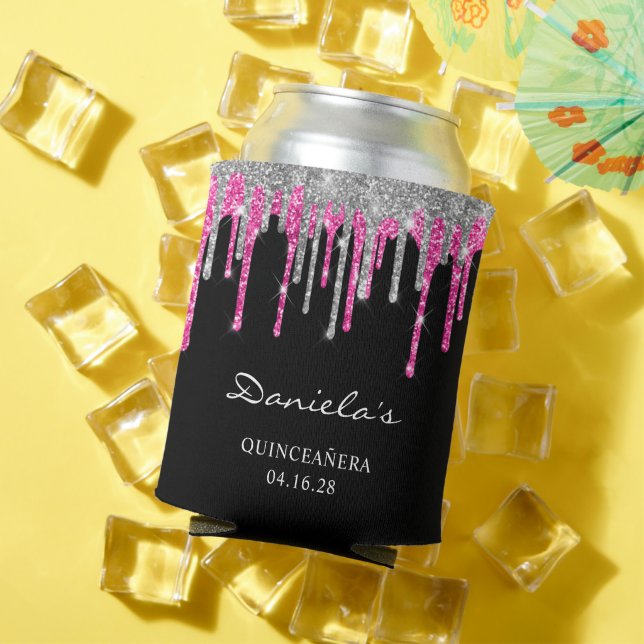 Silver Hot Pink Glitter Drips Black Quinceañera Can Cooler (In Situ Summer)