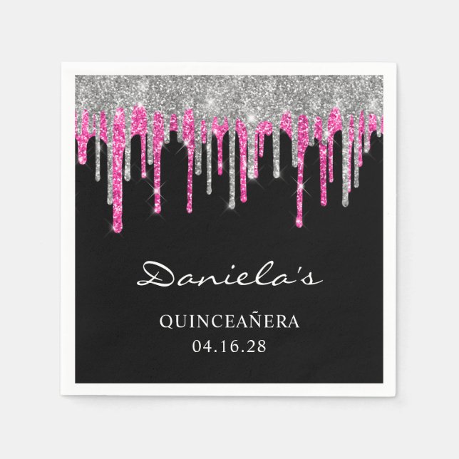 Silver Hot Pink Glitter Drips Black Quinceañera Napkin (Front)