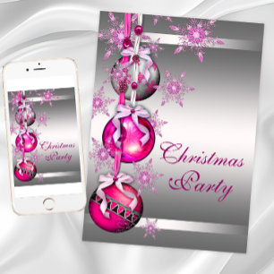Silver Hot Pink Snowflakes Christmas Party Invitation