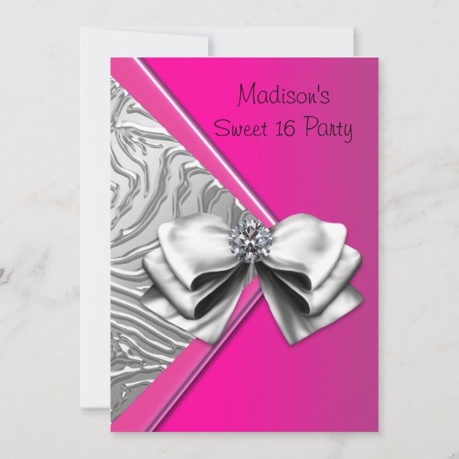 Silver Hot Pink Zebra Sweet 16 Party Invitation (Front)