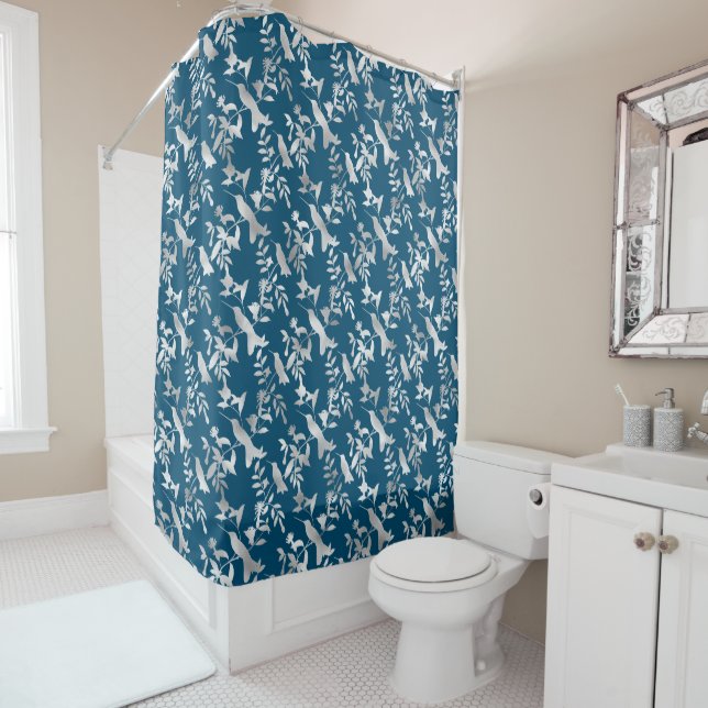 SIlver Hummingbird Pattern on Cerulean Blue Shower Curtain (In Situ)