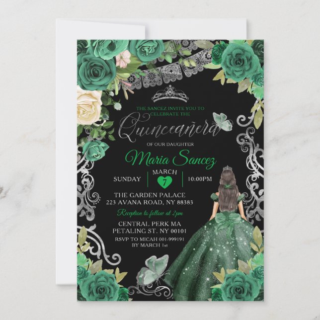 Silver Hunter Green Mexican Floral Quinceañera Invitation (Front)