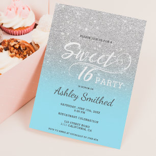 Silver ice blue glitter ombre purple Sweet 16 Invitation