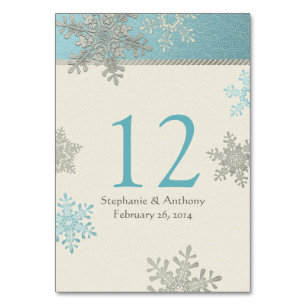Silver Ice Blue Ivory Snowflakes Winter Wedding Table Number