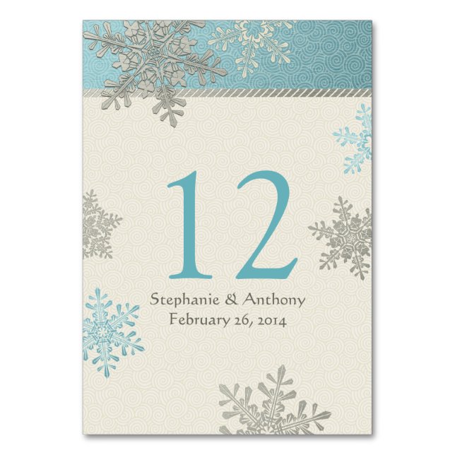 Silver Ice Blue Ivory Snowflakes Winter Wedding Table Number (Front)