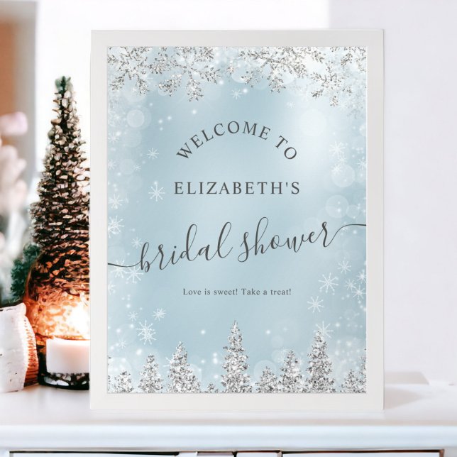 Silver ice blue snow pine welcome bridal shower poster (Silver ice blue snow pine welcome bridal shower poster)