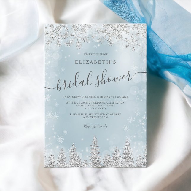 Silver ice blue snow pine winter bridal shower invitation (Silver ice blue snow pine winter bridal shower invitation)