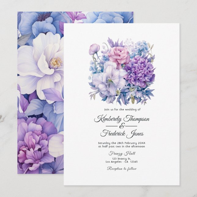 Silver, Icy Blue and Lilac Floral Wedding Invitation (Front/Back)
