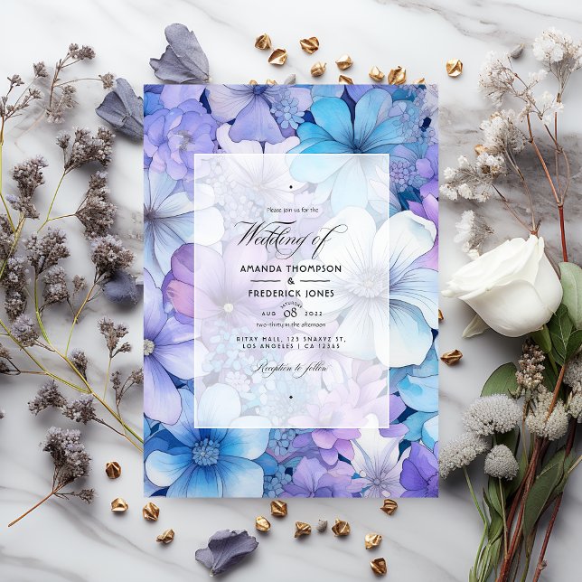Silver, Icy Blue and Lilac Floral Wedding Invitation (Creator Uploaded)