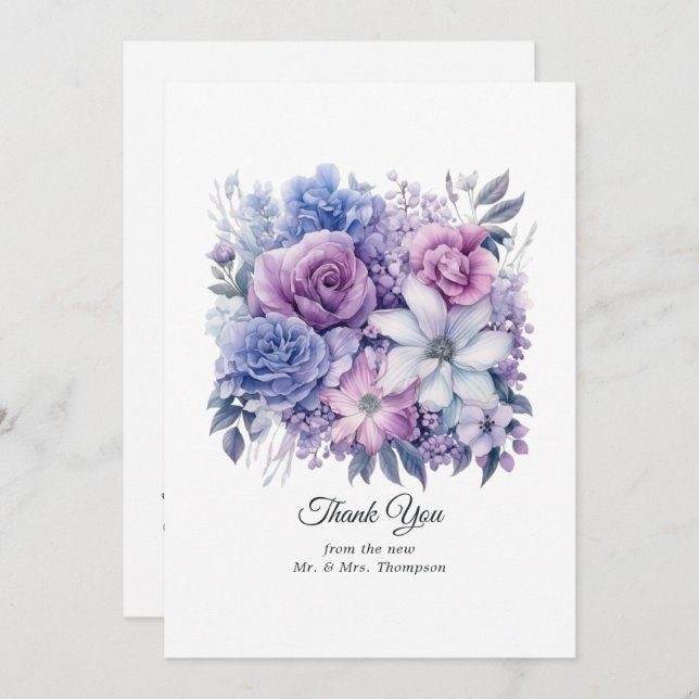 Silver, Icy Blue and Lilac Floral Wedding Thank You Card (Front/Back)