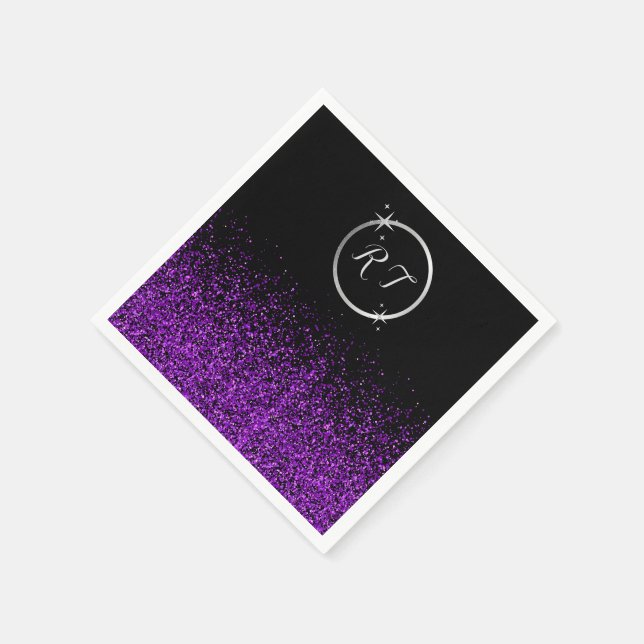 Silver initial monogram with purple glitter | napkin (Corner)
