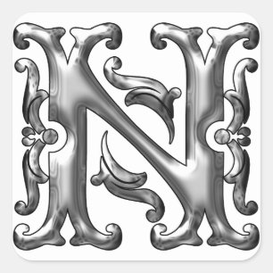 Silver Initial N Capital Letter Monogram Sticker
