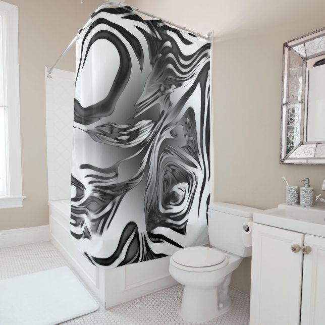 Silver Ink Abstract Shower Curtain (In Situ)