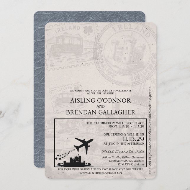 Silver Ireland Passport Wedding Invitation (Front/Back)
