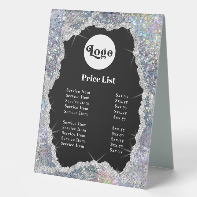 Silver iridescent glitter table tent sign (Front)
