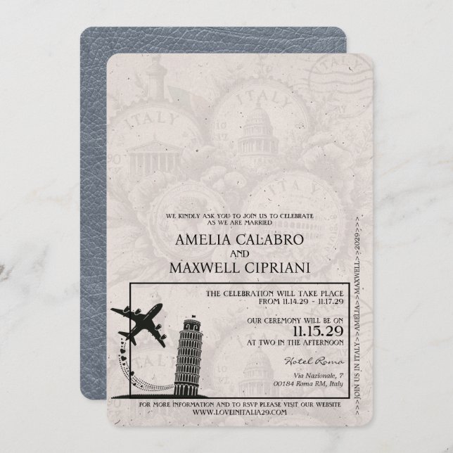 Silver Italy Passport Wedding Invitation (Front/Back)
