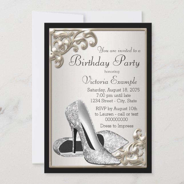 Silver Ivory Black Birthday Party Invitation (Front)
