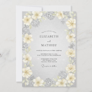 Silver Ivory Ranunculus Eucalyptus Wedding Invitation