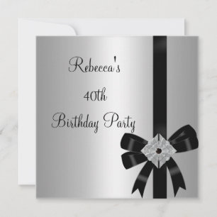 Silver Jewel Black Bow 40th Elegant Birthday Invitation