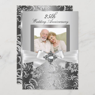 Silver Jewel Bow & Floral 25th Wedding Anniversary Invitation