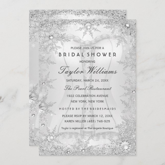 Silver Jewel Snowflake Bridal Shower Corset Invitation (Front/Back)