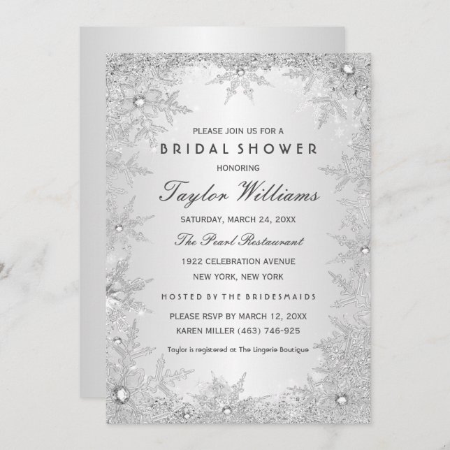 Silver Jewel Snowflake Bridal Shower Invitation (Front/Back)